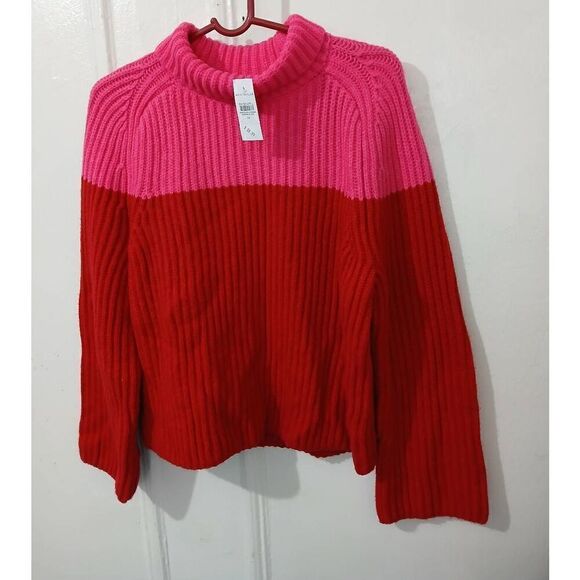 Ann Taylor women medium red pink soft ribbed knit mock neck sweater color block - Picture 1 of 6